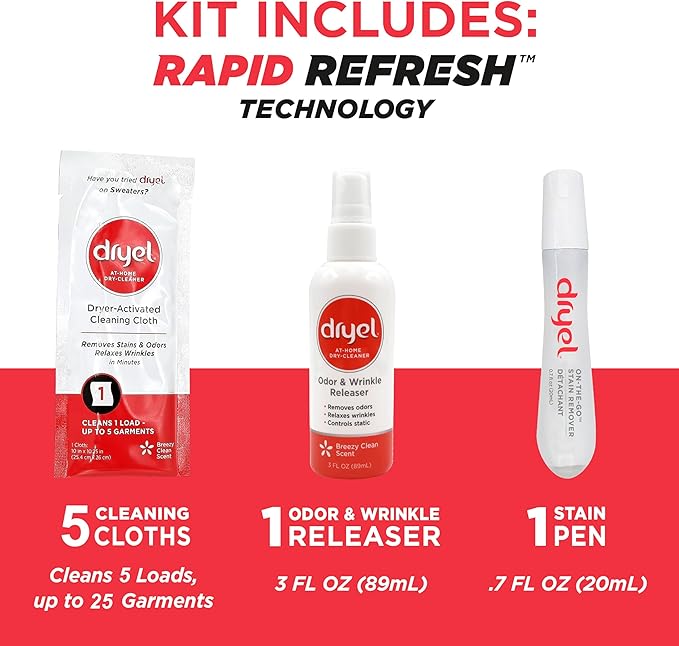 dryel At-Home Dry Cleaner Kit New and Improved Formula with Rapid Refresh Technology Gentle Laundry Care for Special Fabrics and Dry-Clean-Only Clothes 5 Loads