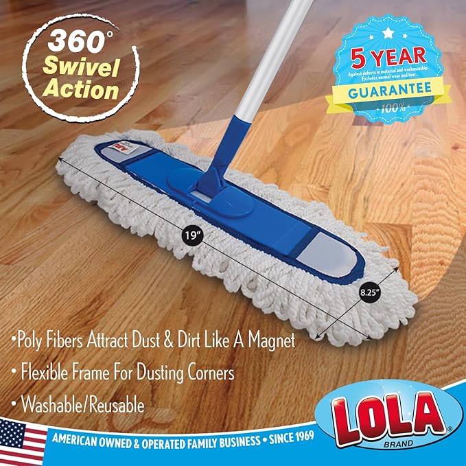LOLA 360 Degree Flexible 18 Dust Mop - Fine Fiber Washable Attracts Dust &amp Dirt Like a Magnet has Swivel Hang Cap 1 Count