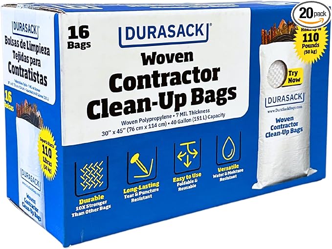 DURASACK Contractor Bags Heavy Duty 40-Gallon Reusable White Woven Polypropylene Contractor Garbage Bags Pack of 20