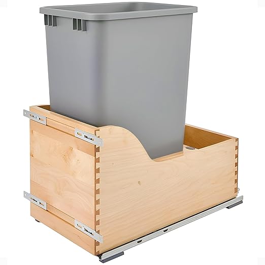 Rev-A-Shelf Pullout Trash Can for Kitchen Cabinet Single 50 Qt Bin with 12 Wood Frame - Large Garbage Bin Container for Home Waste Storage and Recycling