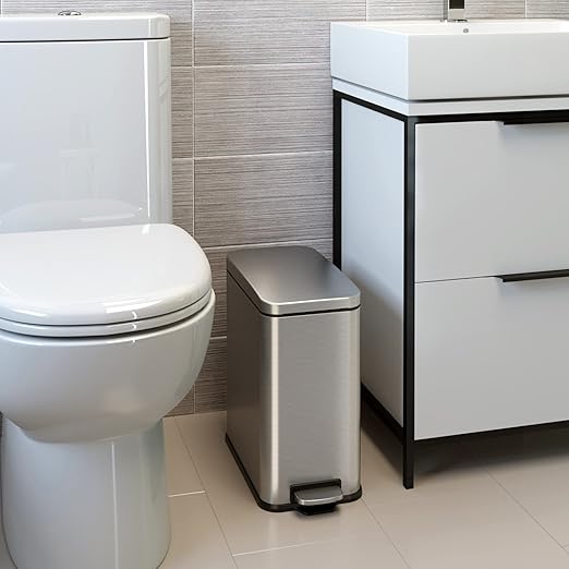 iTouchless SoftStep 3 Gallon Bathroom Slim Step Trash Can with Odor Control System &amp Removable Inner Bucket Fingerprint-Proof Stainless Steel Wastebasket for Bathroom Office and Tight Spaces