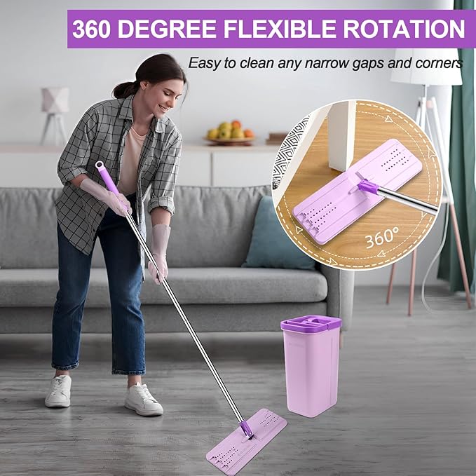 Mop and Bucket with Wringer Set Hands Free Flat Floor Mop and Bucket 3 Washable Microfiber Pads Included Wet and Dry Use Home Floor Cleaning System for All Floor Types and Windows Purple