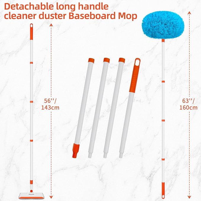 Baseboard Cleaner Tool with Handle Extendable Long Handle Baseboard Cleaning Duster with Reusable Pads for Floorboard Ceiling Fan Blade Cleaner Duster (Blue)