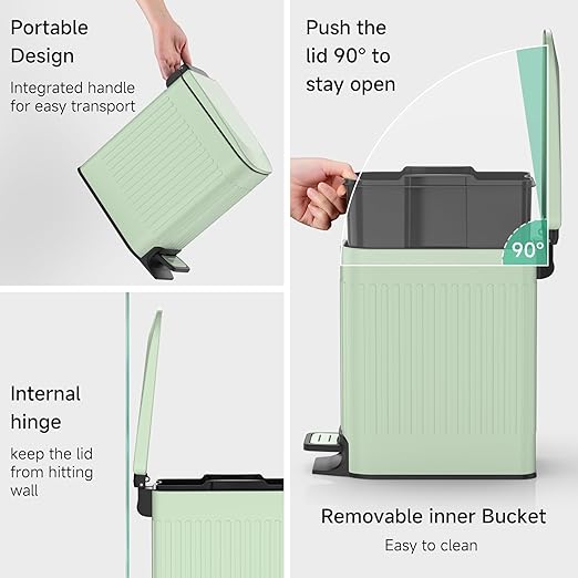 TIPGO Slim Bathroom Trash Can with Lid Soft Close Step Pedal 6 Liter / 1.6 Gallon Stainless Steel Trash Bin Small Garbage Cans for Bedroom Office Kitchen (Green)