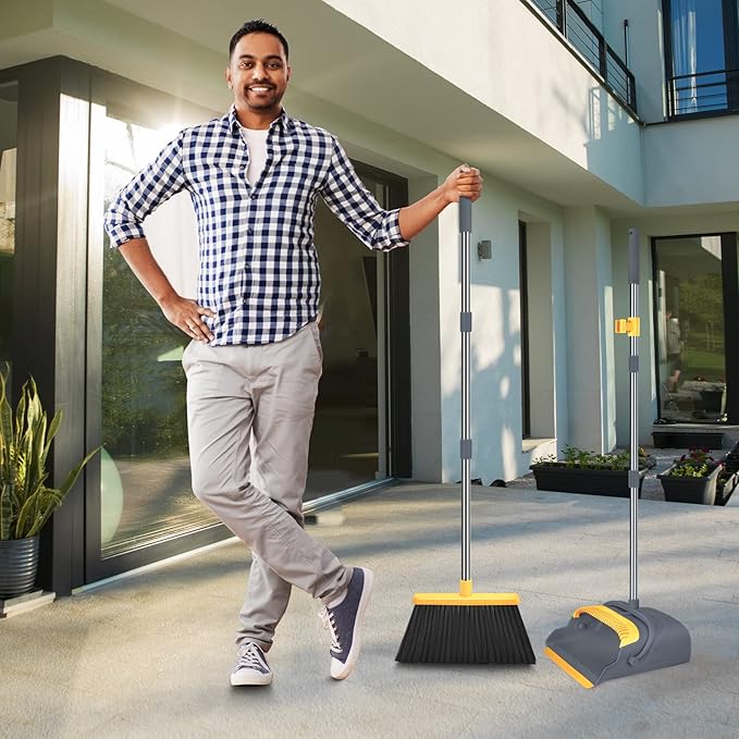 kelamayi Upgrade Broom and Dustpan Set Broom with Dustpan Combo Set Self-Cleaning with Dustpan Teeth Indoor&ampOutdoor Sweeping Stand Up Broom and Dustpan (Gray&ampYellow)