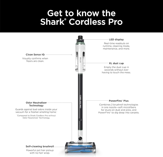 Shark Cordless Pro Vacuum with Clean Sense IQ and Odor Neutralizer PowerFins Plus Brushroll Includes Duster Crevice Tool Up to 40 Minute Runtime Without MultiFLEX IZ562H