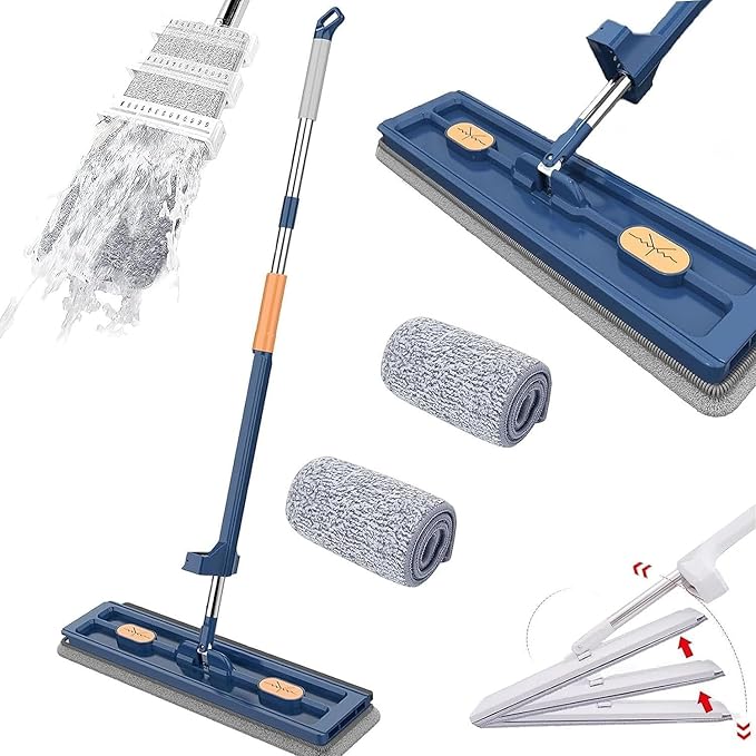 Large Flat Mop 2023 New Large Flat Mop Large Surface Flat Mop Wall Cleaning with Long Handle Reusable Portable Wet &amp Dry Lazy 12027(Blue Mop+2pcs Rag)