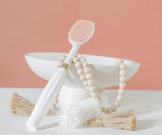 Spristle Wand Starter Set by Winnie &amp Lu – Premium Dish Wand &amp Bottle Washer Set Interchangeable Sponge Silicone Bristle Head Eco-Friendly Cleaning (White &amp Gold)