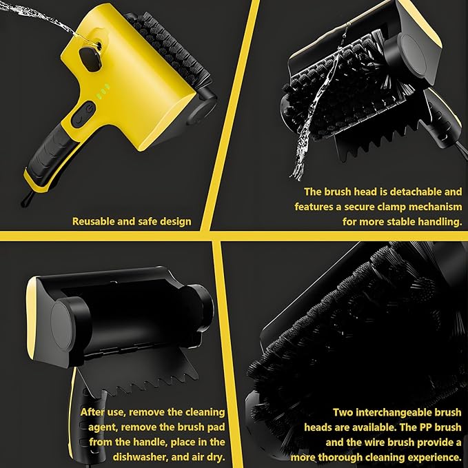 360° Grill Cleaner Brush with 2 Detachable Heads Built-in 2600mAh Battery One-Touch Water Spray 2 Speed Settings Ideal for Grills Kitchens &amp Bathrooms
