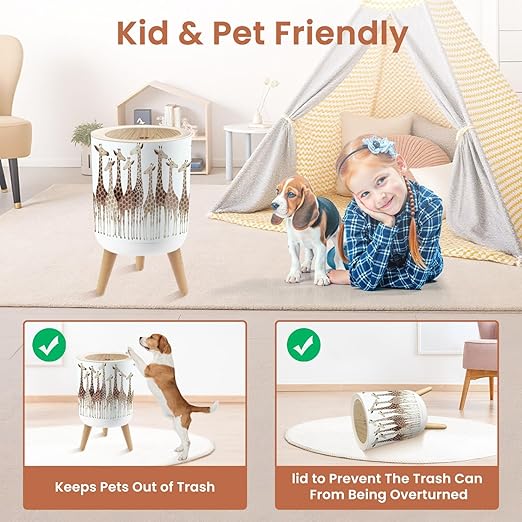 Bathroom Trash Can with Lid Giraffes Garbage Bin Waste Basket for Kitchen Office Bedroom Decoration Diaper Pail 1.8 Gallon