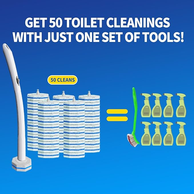 Disposable Toilet Brush Cleaning System with 50pcs Refills Pads Replacement Heads Toilet Cleaning Stick Wall Mounted Toliet Wand Kit Bathroom Maintenance Toilet Bowl Cleaner Wands Holder and Set