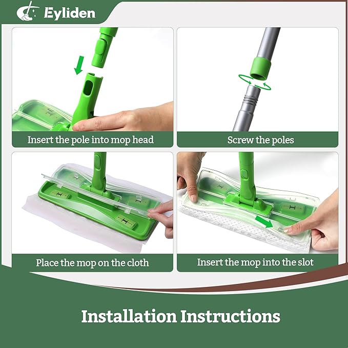 Eyliden Sweeper Mop with 36 Refills - 3 Types of Disposable Dry &amp Wet Cloths | Lock-Tight Design No Lost Pads Universal Refills Multi-Surface Sweeping Starter Kit for Pet Hair Dust Floor Clean