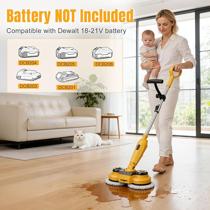 Cordless Electric Mop for Dewalt 20V Battery (NO Battery) 2 in 1 Spin Mop &amp Electric Floor Scrubber Machine with LED Light &amp Water Spray 800 RPM Rotating Electric Mops for Floor Cleaning (Ye