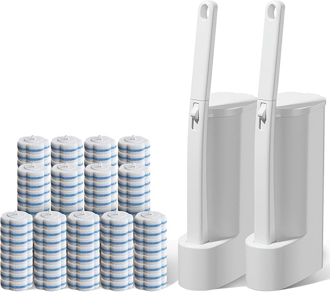 2 Pack Disposable Toilet Brush with Holder Set 104 Count Toilet Wand Refills Extended Handle Toilet Bowl Cleaner Brush for Bathroom and Bathtub Deep Cleaning