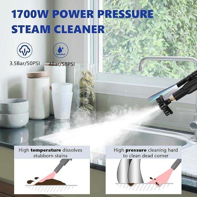 High Pressure Steam Cleaner 3000W Handheld Steam Cleaning Machine Dry Wet Adjustable Automatic Pump Steamer Washer with 5 Brushes for Kitchen Bathroom Car Furniture Floor