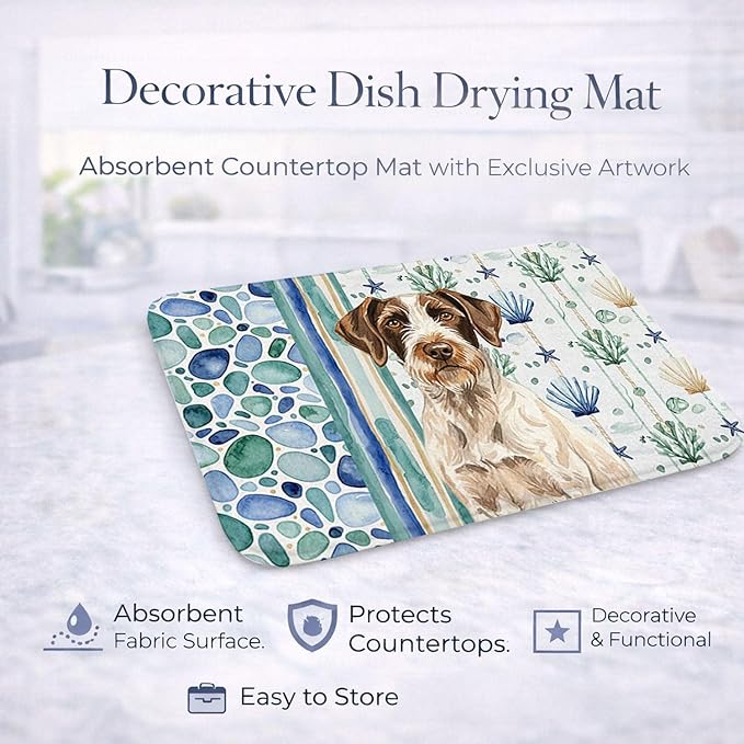 Caroline's Treasures Liver and White German Wirehaired Pointer Coastal Sea Glass Dish Drying Mat Absorbent Dish Drying Mat Pad for Kitchen Counter Dish Drainer Mat for Countertop 14 x 21 Multicolor