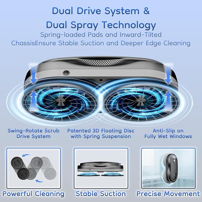 Obito X3 Window Cleaning Robot Dual Nozzles with Ultrasonic Spray 5.0 AI Path Planning Max 3200Pa &amp Steady-Climbing System Automatic Edge Detection Robot Window Cleaner Inside/Outside Black