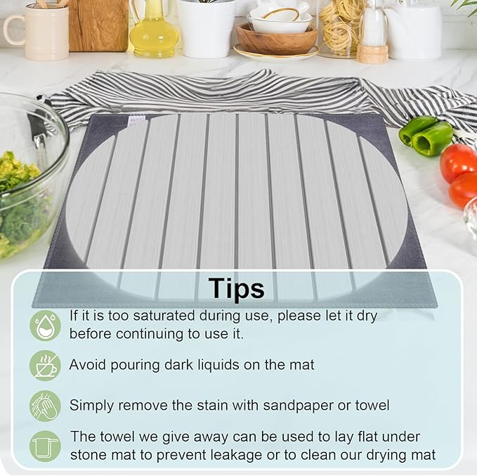 Stone Dish Drying Mat for Kitchen Counter24(L)×16(W) Collapsible Fast-Drying Diatomaceous Earth Mats with Towel Sanding ToolVersatile Stone Drying Mats for Cups Dishes Bottles
