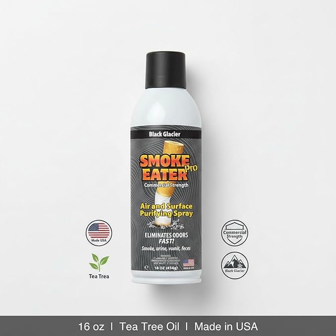 Smoke Eater Pro 16 oz Odor Eliminator Spray — Commercial Strength for Smoke Pet Urine and Cooking Odors — Air and Fabric Deodorizer with Tea Tree Oil — Made in USA (Black Glacier)
