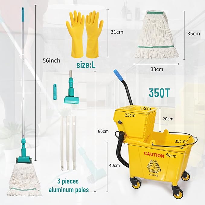 Side Press Wringer Combo Commercial Mop Bucket on Wheels 35 QuartYellow Including Commercial Mop and Rubber Gloves