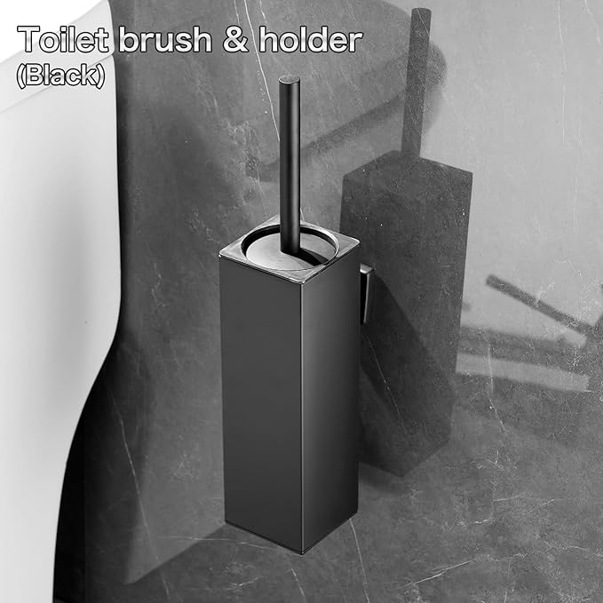 Wall-Mounted Toilet Brush and Holder Set with Cleaning Brush Head Splash Guard and Drip Tray - Black