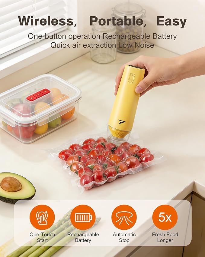 Vacuum sealer for food Chef’s Design to Preserve Freshness Compact Handheld Vacuum Sealer with 30 Reusable Bags Professional-Grade for Food Storage Savers Mustard