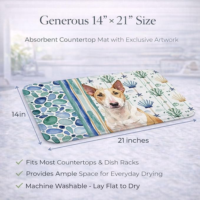 Caroline's Treasures Fawn and White Bull Terrier Coastal Sea Glass Dish Drying Mat Absorbent Dish Drying Mat Pad for Kitchen Counter Dish Drainer Mat for Countertop 14 x 21 Multicolor