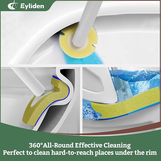 Eyliden Disposable Toilet Brush and Plunger Combo | 2-in-1 Toilet Bowl Wand Kit - 10 Count Pre-Soaked Refill Heads 3-Step Plunger Storage Holder - Compact Toilet Cleaning System (White)