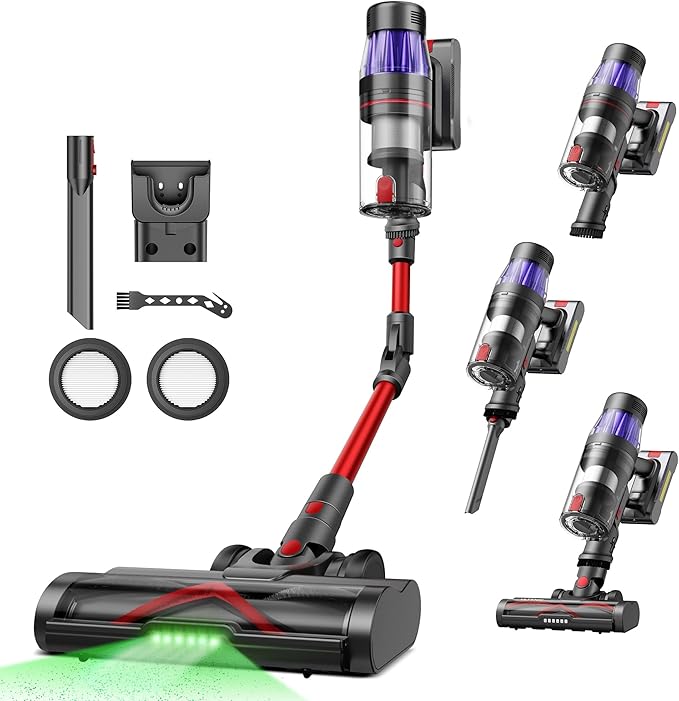 Ultenic Cordless Vacuum Cleaner 600W 55Kpa 60Mins Runtime Stick Vacuum Cordless with 180°Bendable Wand Anti-Tangle Brush Vacuum Cleaners for Home/Pet Hair/Carpet/Floor (Red)