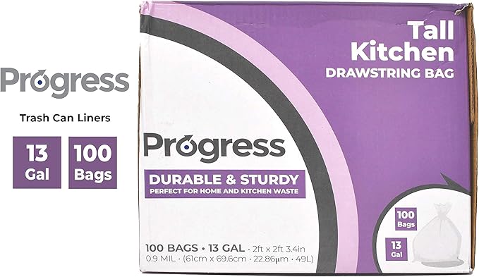 Progress Drawstring Trash Bags – 13 Gallon Portable Tall Garbage Bags Can Liners for Kitchen Office Bathroom Garage | Waste Disposal Supplies (100 Count)