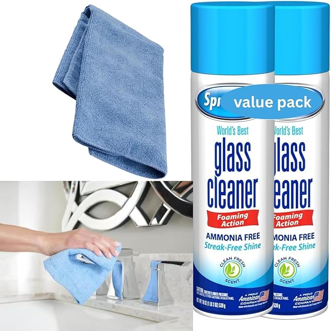 Glass Cleaner Foam Foaming Action &amp Spray 23oz - 2 Pack - Clean Fresh Scent - Bundled With 2 Microfiber Cleaning Clothes (Total 46 OZ)