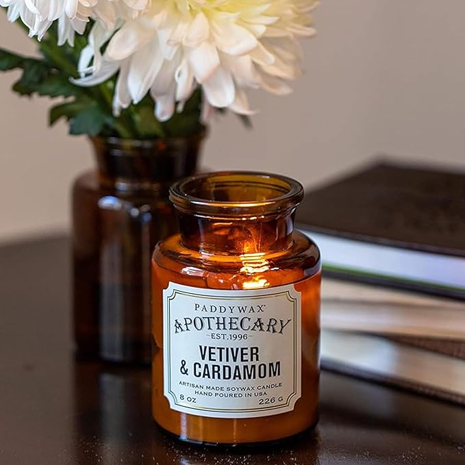 Paddywax Artisan Apothecary Scented Candle with Lid in Reusable Glass Jar Clean-Burn Soy Candle with Approx. 54 Hour Burn Time Vetiver &amp Cardamom 8 oz.
