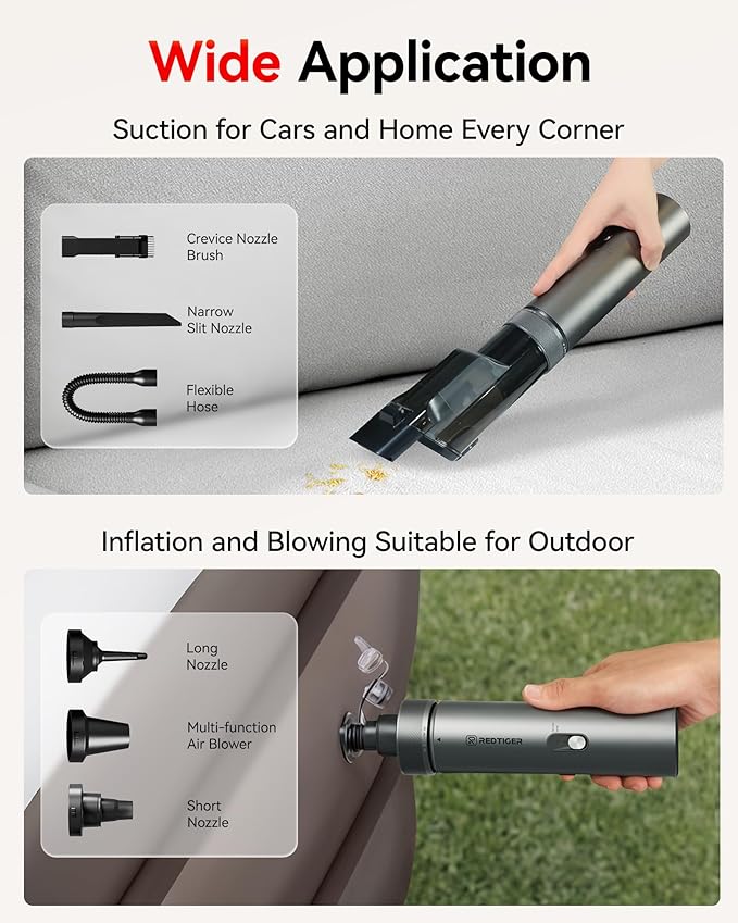 REDTIGER Car Vacuum Cordless 21000PA Portable Handheld Vacuum Up to 70 Mins Runtime 3.5H USB-C Fast Charge Lightweight 4 in1 Mini Hand Held Cleaner Power for Car Home Outdoor Camp Pet Food Black