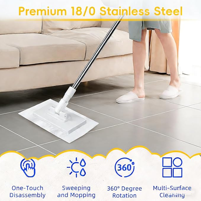 Zero Touch Mini Mop Automatic Cloth Changing Mini Mop Snap Grip MiniMop Convenient Cloth Changing MiniMop with 5 Reusable Cloths Portable Push-Pull Handle for Bathroom Kitchen (Purple)