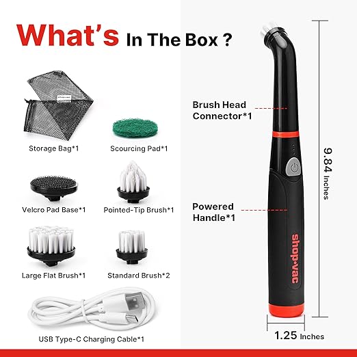 Shop-Vac Electric Spin Scrubber with 2000RPM Motor 90Min Long Runtime with 5 Replaceable Head LED Display and IPX6 Waterproof Cordless Electric Scrubber for Cleaning Grout Tile Bathroom Kitchen
