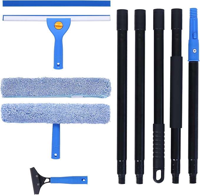 3-in-1 Professional Window Squeegee Kit with 2 Squeegee 2 Microfiber Scrubber 1 Razor Scraper Thick Iron 77.5 Window Squeegee with Extension Pole for Car Glass Mirror Wall Bathroom Home Van