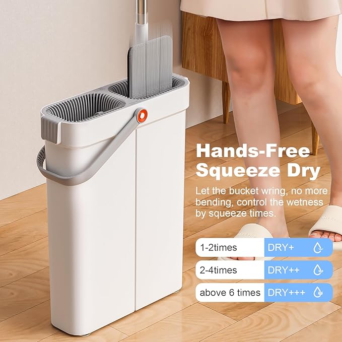 JOYBOS Mop and Bucket Set for Home Floor Cleaning Hands Free Flat Mop Stainless-Steel Handle 6 Washable &amp Reusable Microfiber Pads
