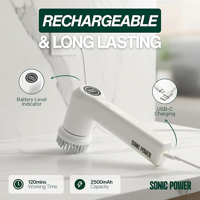 Electric Spin Scrubber – Handheld &amp Ergonomic IPX7 Waterproof 4 Multi-Purpose Brush Heads Long-Lasting Rechargeable Battery – Cleans Dishes Bathroom Tile Grout &amp Kitchen (White)