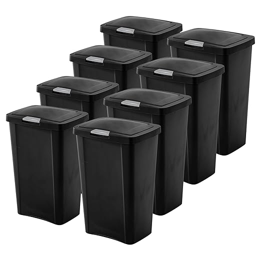 Sterilite 13 Gallon TouchTop Narrow Plastic Wastebasket with Secure Titanium Latch for Kitchen Bathroom and Office Use Black (8 Pack)