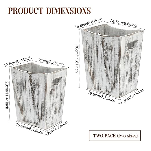 Rustic Wooden Trash Can Set 2-Pack Small and Large Wastebasket with Handle Farmhouse Style (Farmhouse White)