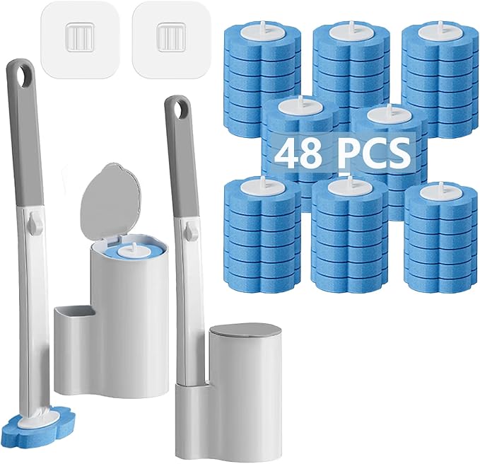 2 Pack Disposable Toilet Brush and Holder SetExtended Handle with 48 Cleaner Refills Toilet Brush for Toilet Bowl CleanersBathroom Cleaning Bathtub - Blue (Ocean Fresh Scent)