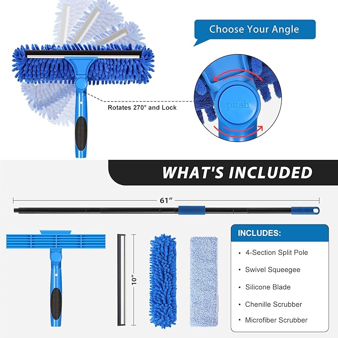 VITEVER Professional 69'' Window Squeegee Cleaner Tool with Extension Pole 2-in-1 Squeegee for Window Cleaning Kit with Scrubber and Rotating Head 1 Blade 2 Scrubber