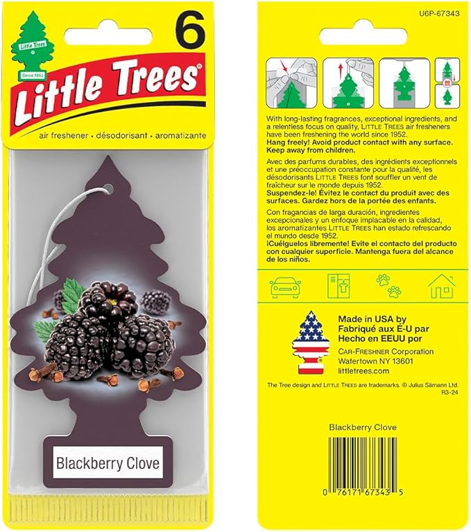 LITTLE TREES Car Air Freshener. Hanging Tree Provides Long Lasting Scent for Auto or Home. Blackberry Clove 24 Air Fresheners (Pack of 6)
