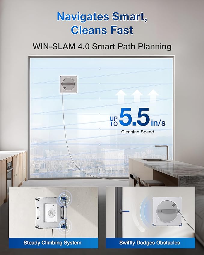 ECOVACS WINBOT W2S Window Cleaning Robot Intelligent Edge-to-Edge Cleaning with TruEdge Scrubbers 3 Water Nozzles 10-Level Safety System Win-SLAM 4.0 Route Planning Even Climbing System