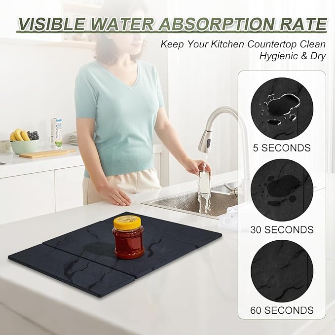 Dish Drying Mat Large Stone Dish Drying Mat For Kitchen Counter Collapsible Quick-Drying Sleek Diatomaceous Versatile Stone Drying Mats For Cups Dishes Bottles Marble (black 16×19)