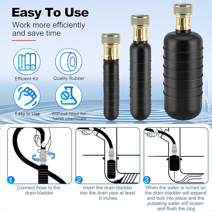 3 PCS Drain Bladder Kit Drain Cleaning Bladder Unclogger Fits 1 to 6 Drain Pipes for Unclogs Stubborn Blockages in Kitchen Sinks and Main Drains for Shower Swimming Pool With Water Power