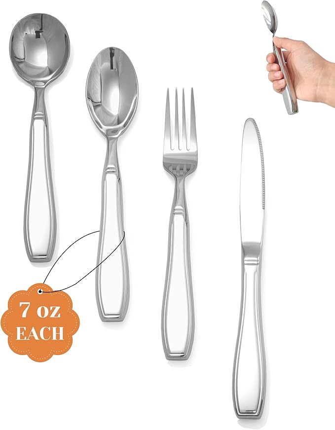 4-Piece Weighted Utensils for Tremors and Parkinson's (7 oz Each) - Weighted Silverware for Hand Tremors Adaptive Utensils for Elderly