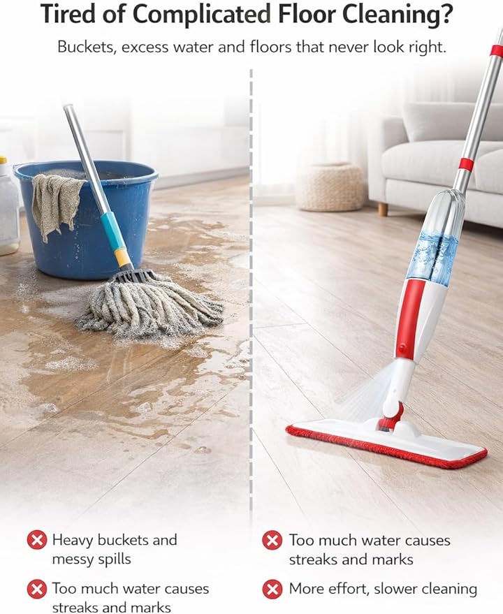 Spray Mop for Floor Cleaning with Refillable Bottle (14 oz) 3 Washable Microfiber Pads &amp Scraper – Lightweight 360° Rotating Mop No Batteries Streak-Free Cleaning for Hardwood Tile &amp Lamin