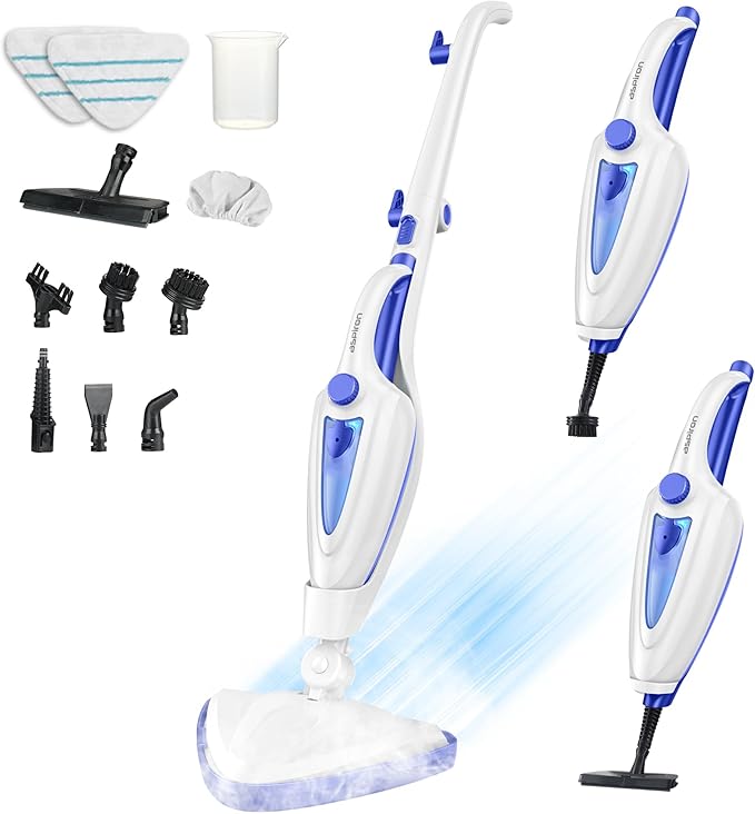 12-in-1 Steam Mop Fast 15-Sec Heat-Up 1500W Detachable Handheld Steam Cleaner with 2 Dirt Grip Pads Removes 99.99% Stubborn Stains for Hardwood Floors Clothes Windows Tiles Furniture White