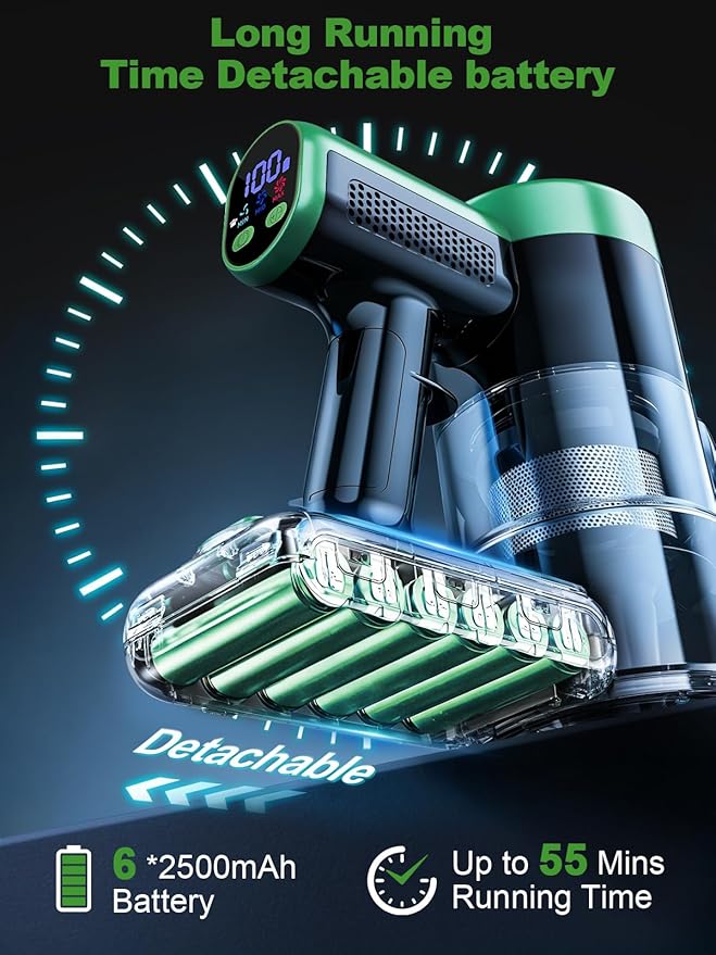 Cordless Vacuum Cleaner 58Kpa Vacuum Cleaners for Home 55Mins Stick Vacuum with Self-Standing &amp LED Display Anti-Tangle &amp Wall Mount Charging (Green)